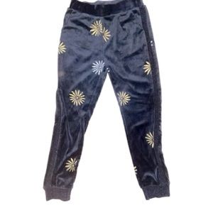 Splendid Black Velour Joggers with Gold Floral Embroidery